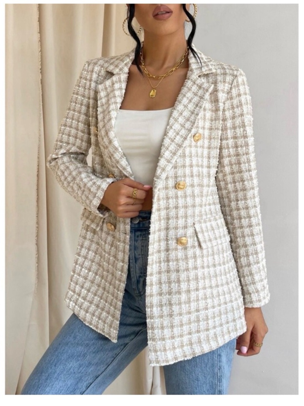 SHEIN Women’s Cream Plaid Tweed Blazer Jacket